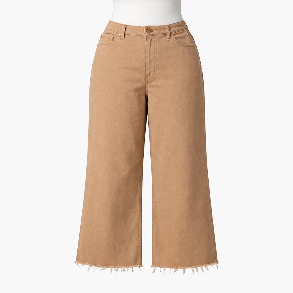 Size 22W Judy Blue Women High Waist Cropped Wide Leg Raw Hem Tan Jeans Pants